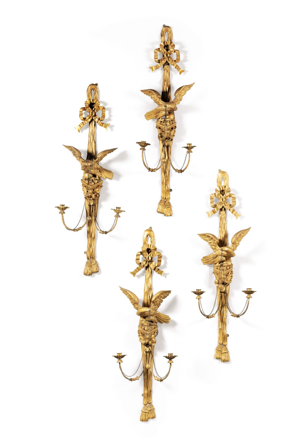 View full screen - View 1 of Lot 282. A set of four Regency style giltwood two-light wall appliques, two circa 1920, two circa 1960.
