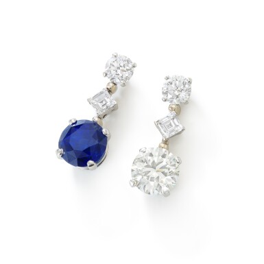 View full screen - View 1 of Lot 292. Pair of sapphire and diamond earrings (Paio di orecchini in diamanti e zaffiro).