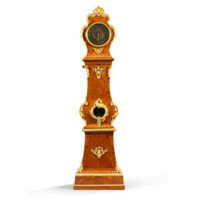 View full screen - View 1 of Lot 146. A gilt-bronze mounted kingwood and tulipwood regulator clock, Louis XV, circa 1750, stamped by Jacques Dubois | Régulateur de parquet en placage de bois de violette, bois de rose et monture de bronze doré d'époque Louis XV, vers 1750, estampille de Jacques Dubois.