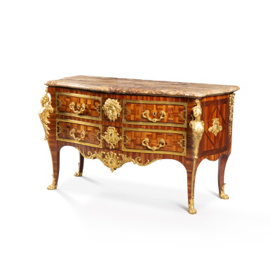 View full screen - View 1 of Lot 360. A Louis XV "espagnolettes" gilt-bronze mounted, satiné and amaranth commode, by Charles Cressent, circa 1730 | Commode "aux espagnolettes" en placage de bois de satiné et amarante, monture de bronze doré d'époque Louis XV, par Charles Cressent, vers 1730 .