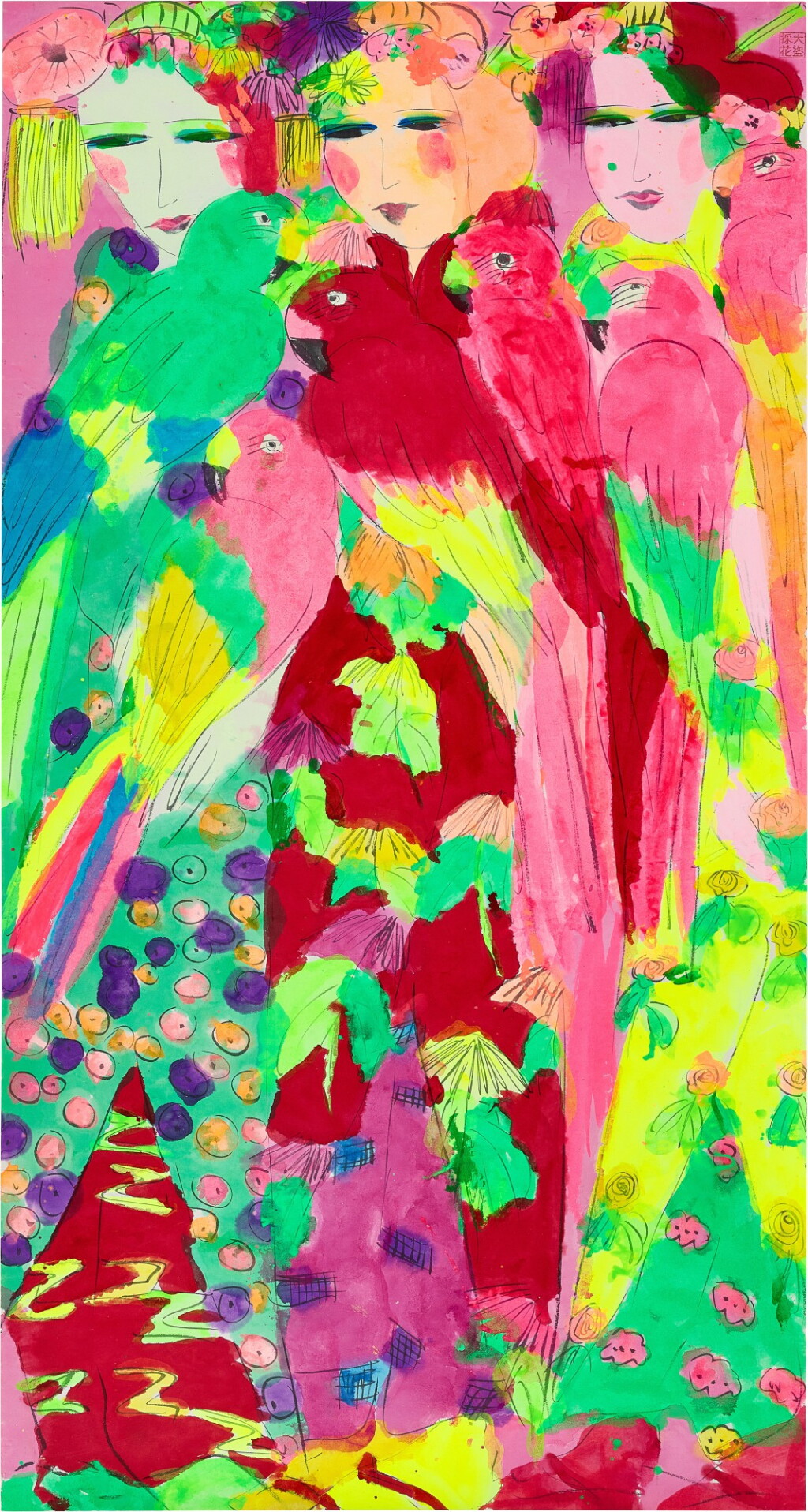 View full screen - View 1 of Lot 530. Walasse Ting 丁雄泉 | Three ladies with parrots 三美鸚鵡圖.