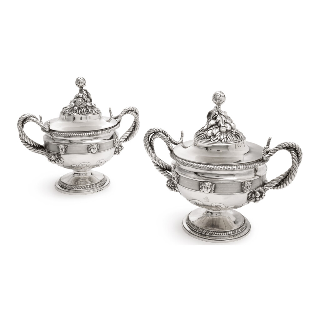 View full screen - View 1 of Lot 118. A PAIR OF GEORGE III SILVER SAUCE TUREENS AND COVERS, WILLIAM FOUNTAIN, LONDON, 1805.