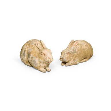 View full screen - View 1 of Lot 3. A pair of painted pottery rabbits, Tang dynasty.