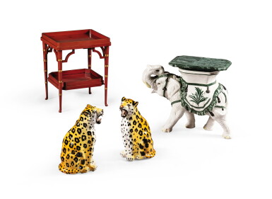 View full screen - View 1 of Lot 96. Lot including a ceramic and marble table, a parcel-gilt red lacquered table, and a pair of ceramic panthers, 20th century .