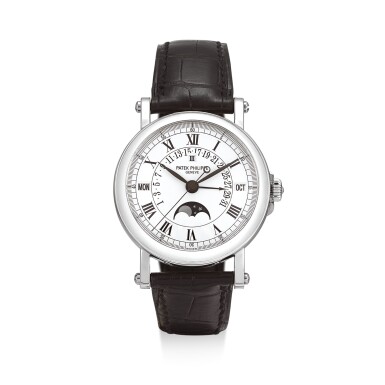 View full screen - View 1 of Lot 2042. PATEK PHILIPPE | REFERENCE 5059 A WHITE GOLD PERPETUAL CALENDAR WRISTWATCH WITH RETROGRADE DATE, MOON PHASES AND LEAP YEAR INDICATION, CIRCA 2004 | 百達翡麗 | "型號5059 白金萬年曆腕錶,備逆跳日期、月相及閏年顯示,機芯編號3236214,錶殼編號4232172,約2004年製".
