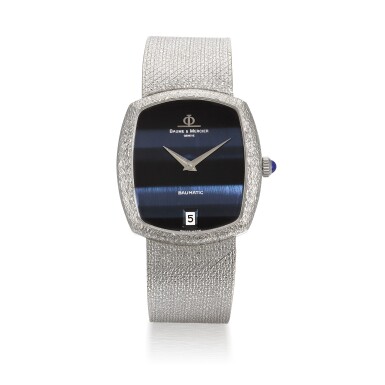 View full screen - View 1 of Lot 1202. BAUME & MERCIER | BAUMATIC, REF 37082/9, WHITE GOLD BRACELET WATCH WITH VIVID DIAL AND DATE CIRCA 1975.