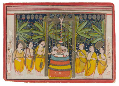 View full screen - View 1 of Lot 600. Two attendants at a Devi temple, India, Udaipur, 19th century; Devotees at a Krishna shrine, India, Kota, 19th century; A tantric diagram, India, Rajasthan, 19th century.