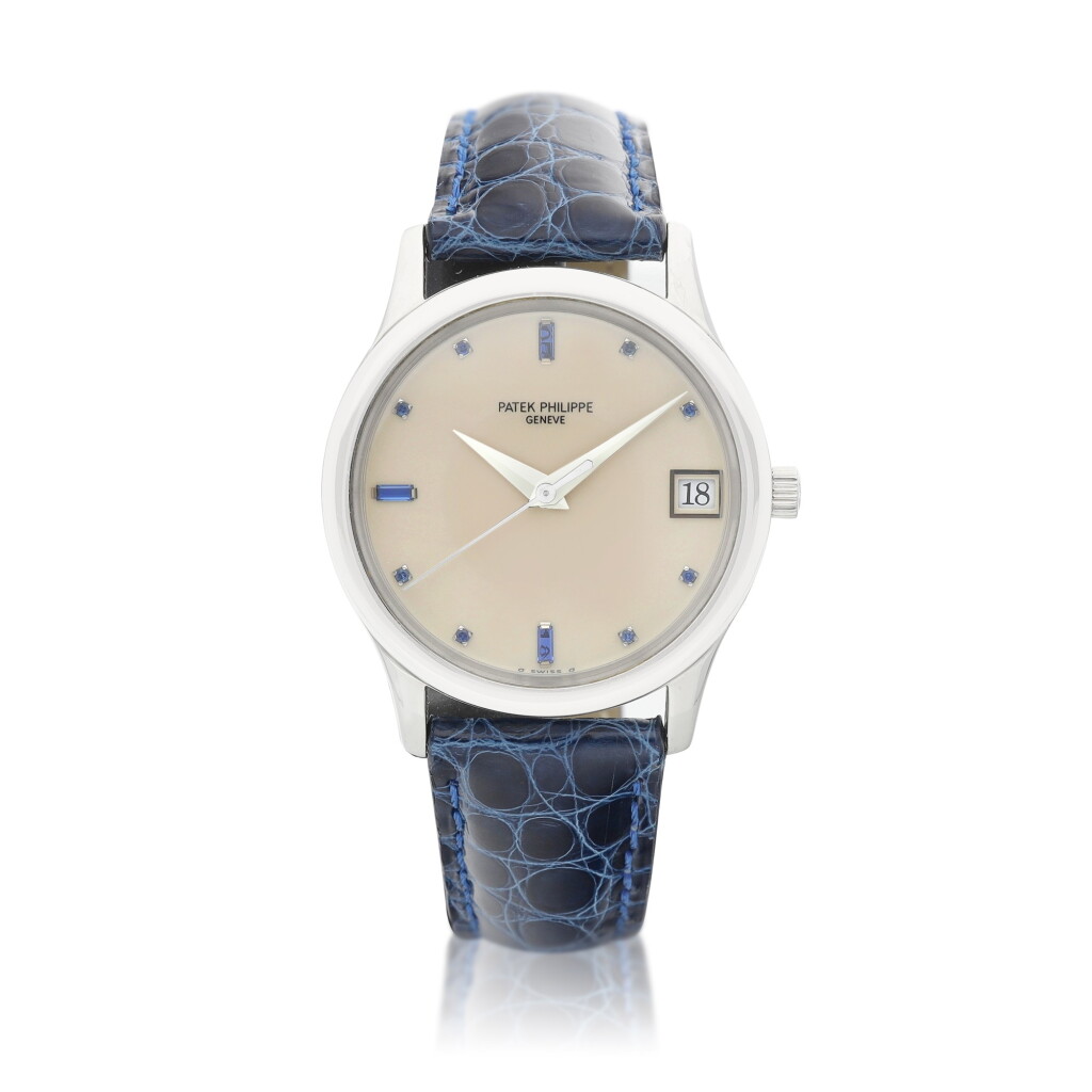 View full screen - View 1 of Lot 8051. Calatrava, Reference 3998 | A platinum and sapphire-set wristwatch with date, Made in 1995 | 百達翡麗 | Calatrava 型號3998 | 鉑金鑲藍寶石腕錶,備日期顯示,1995年製.