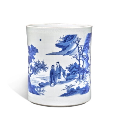 View full screen - View 1 of Lot 324. A large blue and white 'Seven Sages of the Bamboo Grove' brushpot, Ming dynasty, Chongzhen period | 明崇禎 青花竹林七賢圖筆筒.