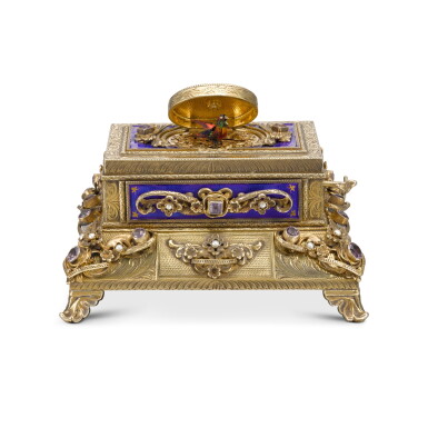 View full screen - View 1 of Lot 120. A jewelled silver-gilt and enamel singing bird box, possibly Hungarian, 1970s, .