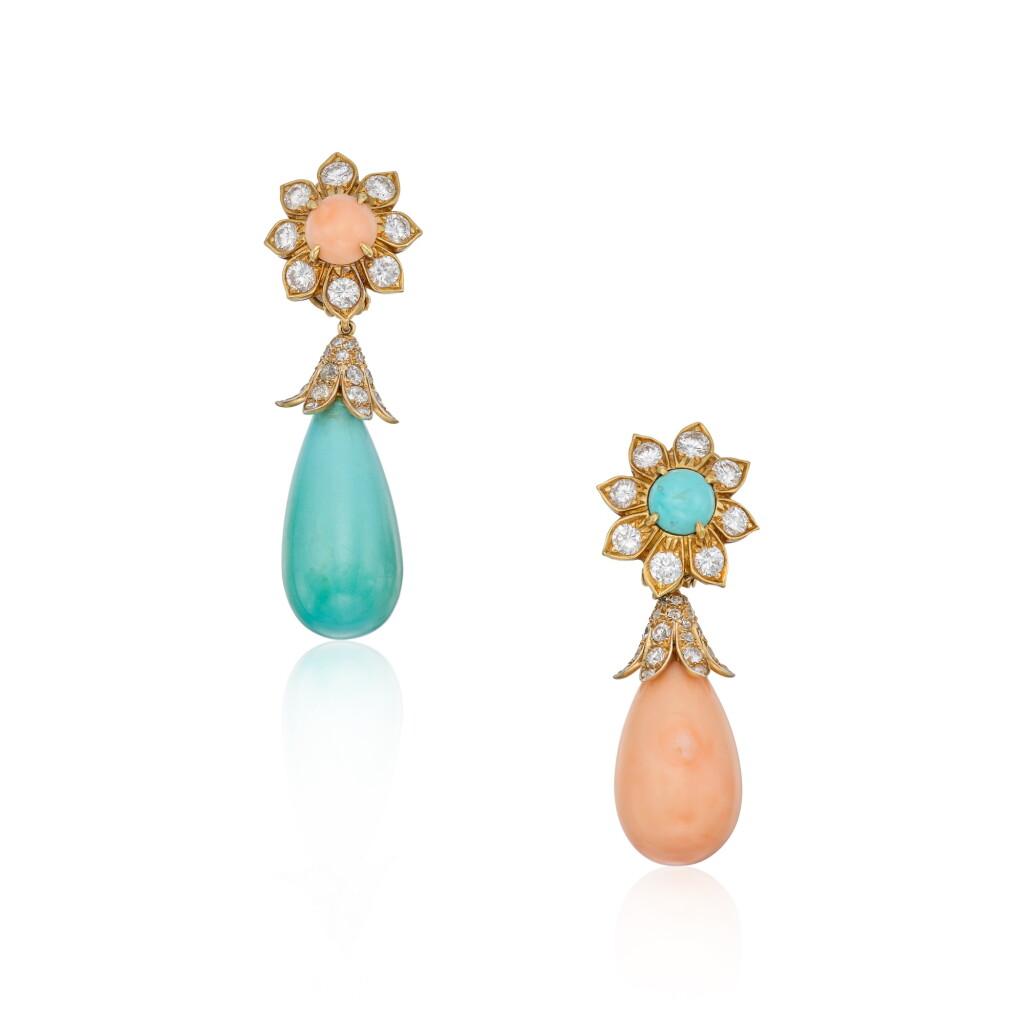 View full screen - View 1 of Lot 115. Pair of Turquoise, Coral and Diamond Pendant Earclips.