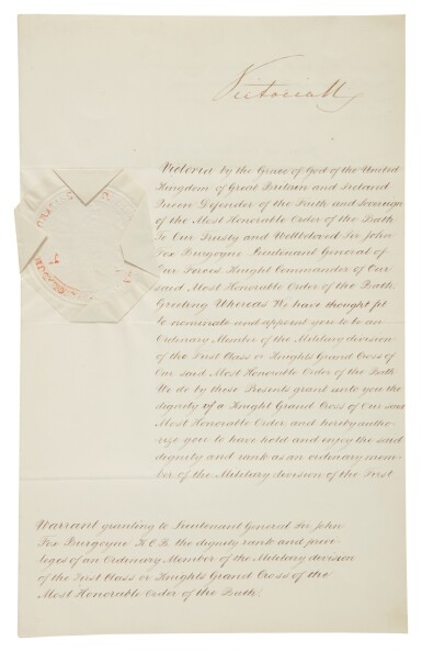 View full screen - View 1 of Lot 158. Queen Victoria and Prince Albert | A document signed by Victoria and Albert, related to John Fox Burgoyne.