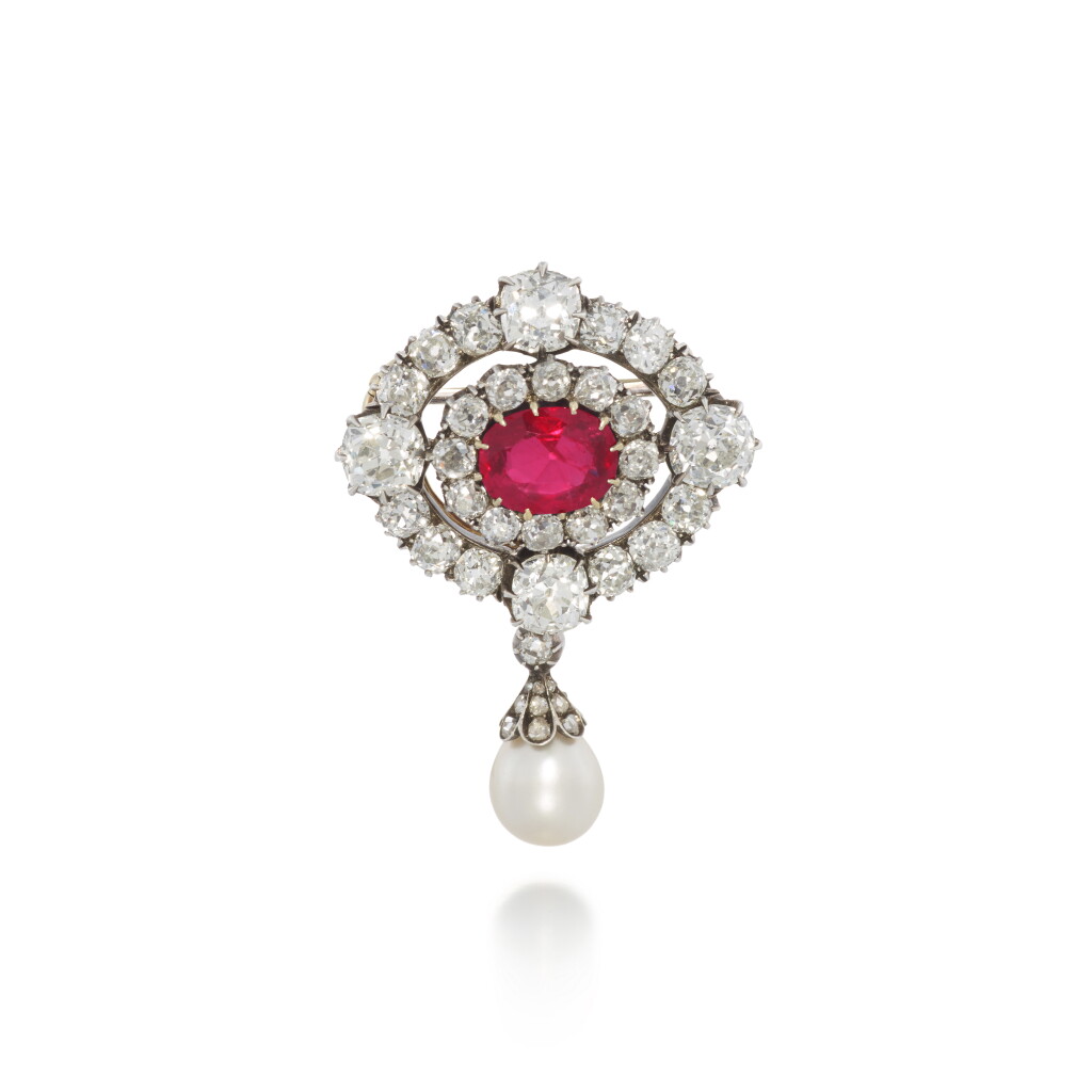 View full screen - View 1 of Lot 10. Natural pearl, ruby and diamond brooch, late 19th century and later.