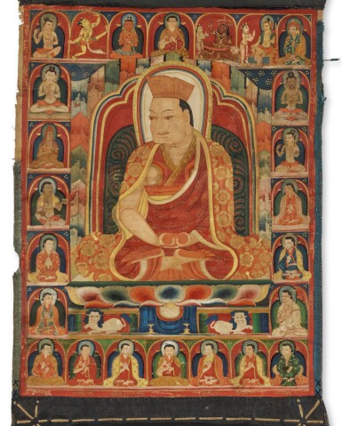 View full screen - View 1 of Lot 313. A thangka depicting a portrait of Dragpei Tsenchen (1376-1421), Fifth Abbot of Riwoche, Tibet, circa 1550.