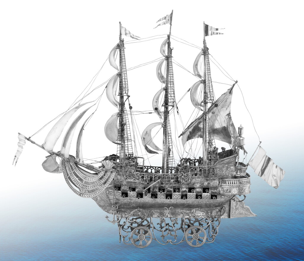 View full screen - View 1 of Lot 258. A very large probably German silver ship, probably Hanau, circa 1880 | Très grande nef en argent, probablement Hanau, vers 1880.