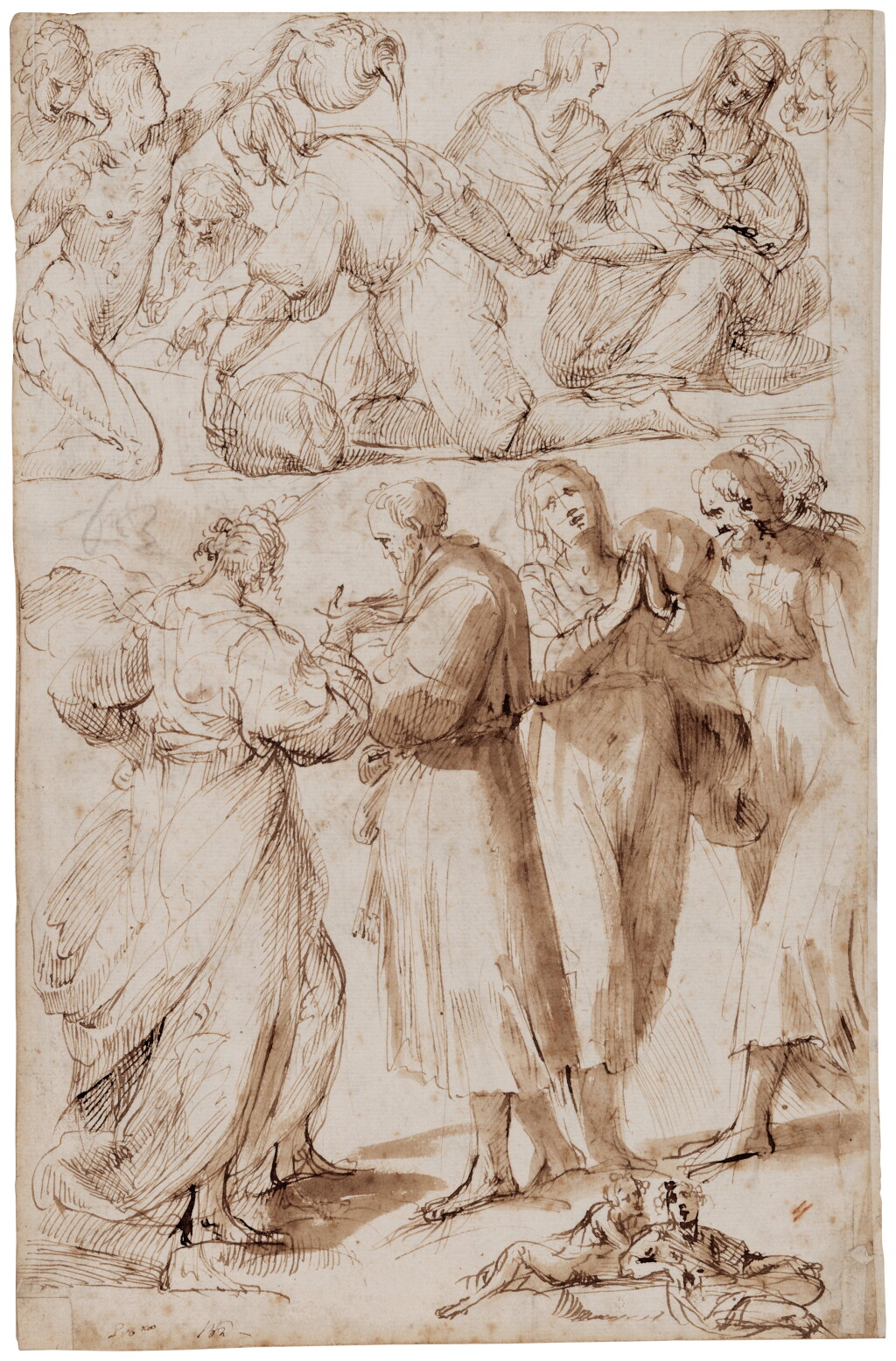 View full screen - View 1 of Lot 22. Recto: A sheet of studies of standing, seated and reclining figures and the Madonna and Child seated; Verso: Saint Margaret and other figures.