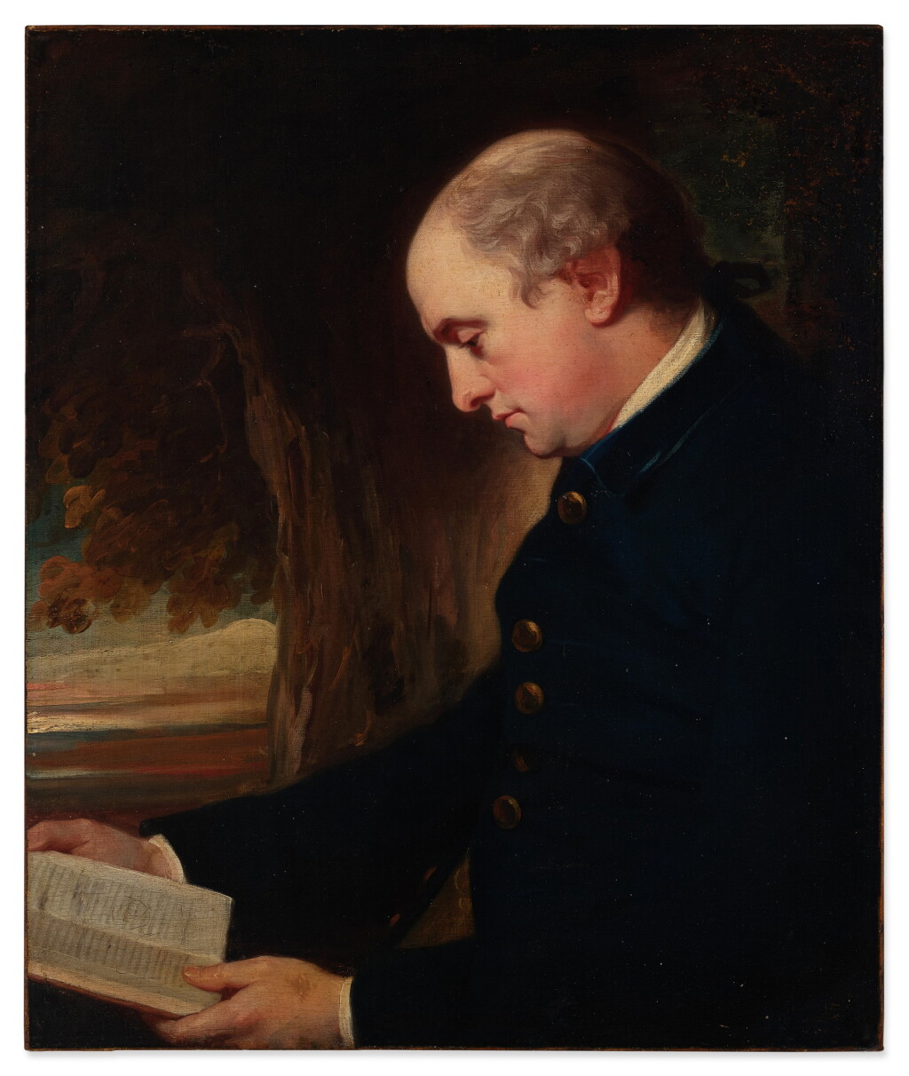 View full screen - View 1 of Lot 67. Portrait of Charles Lennox (1735-1806), 3rd Duke of Richmond, in profile, seated under a tree, wearing a dark blue coat and reading a book.
