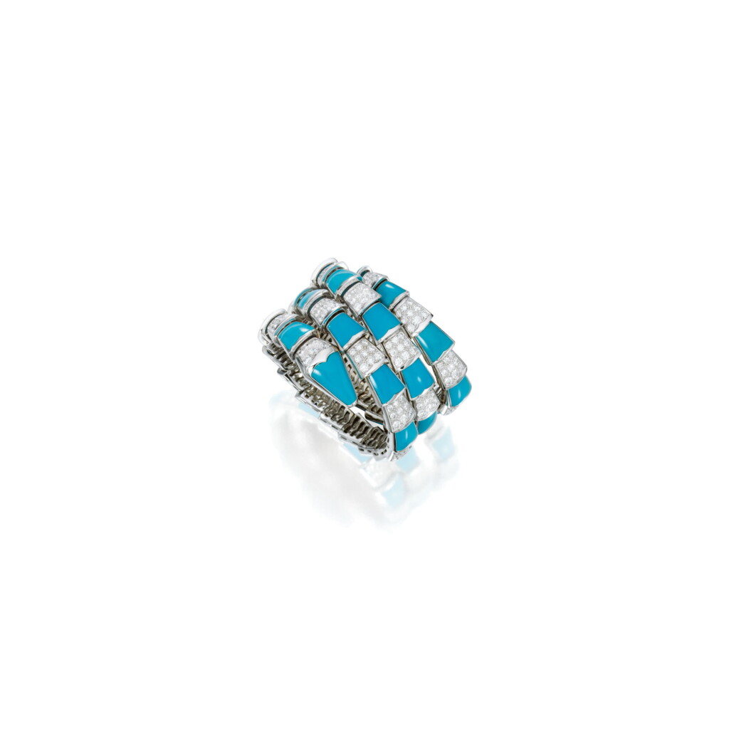 View full screen - View 1 of Lot 480. TURQUOISE AND DIAMOND 'SERPENTI' BRACELET, BULGARI | 綠松石配鑽石「Serpenti」手鏈,寶格麗.