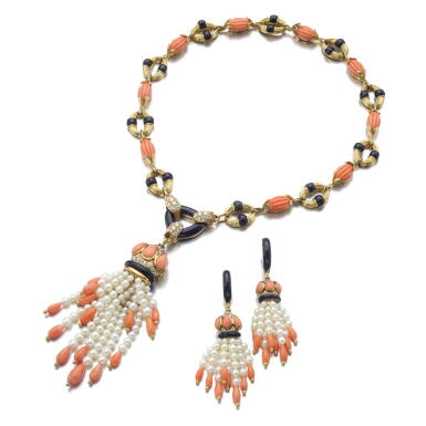 View full screen - View 1 of Lot 345. CORAL, ONYX, CULTURED PEARL AND DIAMOND DEMI-PARURE.