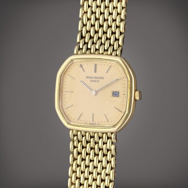 View full screen - View 1 of Lot 283. Reference 3761/4 | A yellow gold octagonal shaped bracelet watch with date, Circa 1980.