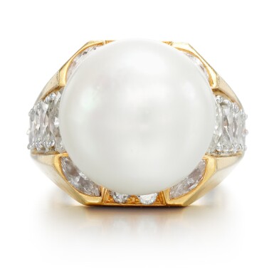View full screen - View 1 of Lot 36. Cultured pearl and diamond ring.