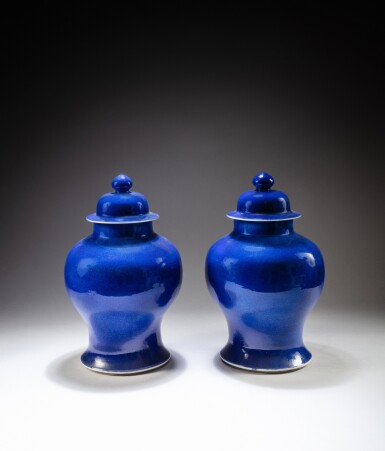 View full screen - View 1 of Lot 141. A pair of blue-glazed jars and covers, Qing dynasty, 18th - 19th century | 清十八至十九世紀 藍釉罐連蓋一對.