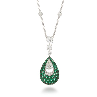 View full screen - View 1 of Lot 125. Emerald and Diamond Necklace.