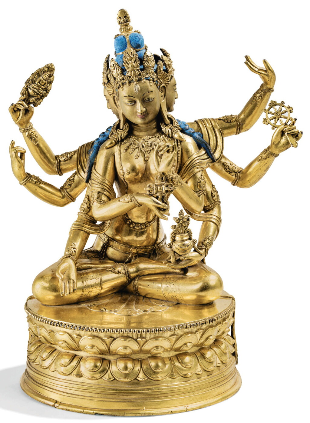 View full screen - View 1 of Lot 30. RARE STATUETTE D'USHNISHVIJAYA EN ALLIAGE DE CUIVRE DORÉ MONGOLIE, STYLE ZANABAZAR, XVIIIE-XIXE SIÈCLE | 蒙古 十八至十九世紀 鎏金銅合金札那巴札爾式尊勝佛母坐像 | A rare gilt-copper alloy figure of Ushnishavijaya, Mongolia, Zanabazar style, 18th/19th century.