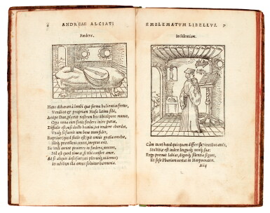 View full screen - View 1 of Lot 137. Alciati, Emblematum libellus, Paris, 1540, later speckled calf.