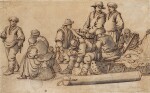 Fisherfolk on the shore, with a boat and nets