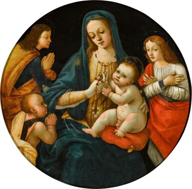 View full screen - View 1 of Lot 10. MICHELANGELO DI PIETRO MEMBRINI, FORMERLY KNOWN AS THE MASTER OF THE LATHROP TONDO | MADONNA AND CHILD, WITH THE INFANT SAINT JOHN AND TWO SAINTS.