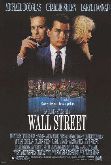 View full screen - View 1 of Lot 177. WALL STREET (1987) POSTER, US, SIGNED BY OLIVER STONE.