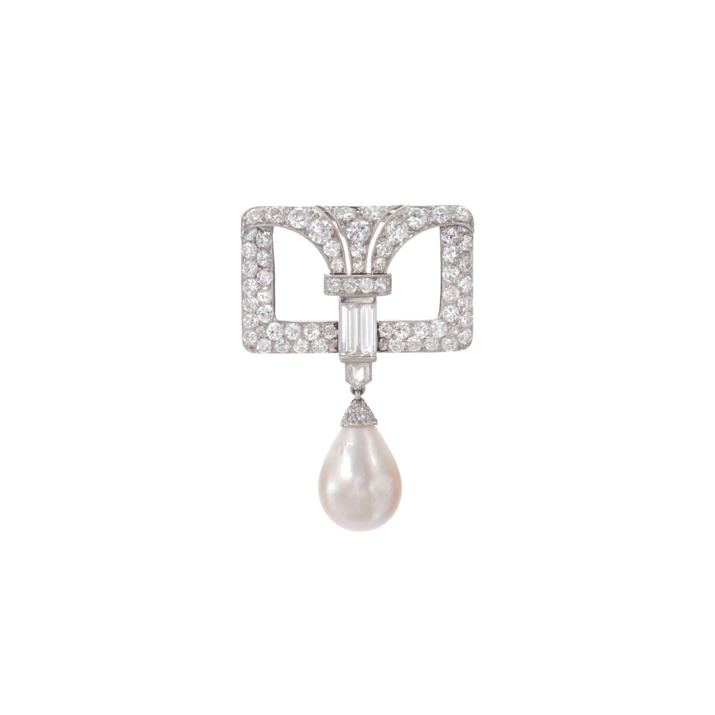View full screen - View 1 of Lot 603. Natural pearl and diamond brooch.