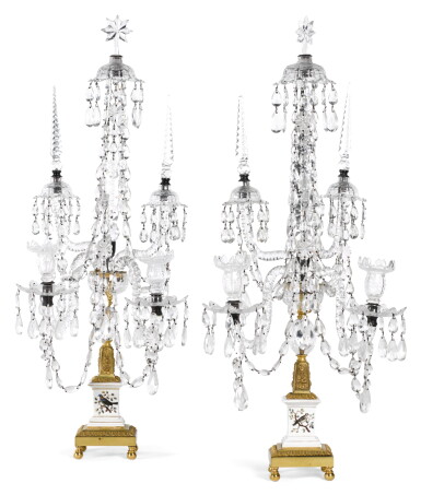 View full screen - View 1 of Lot 87. A PAIR OF GEORGE III STYLE GLASS AND PORCELAIN MOUNTED CANDELABRA, LATE 19TH/EARLY 20TH CENTURY.