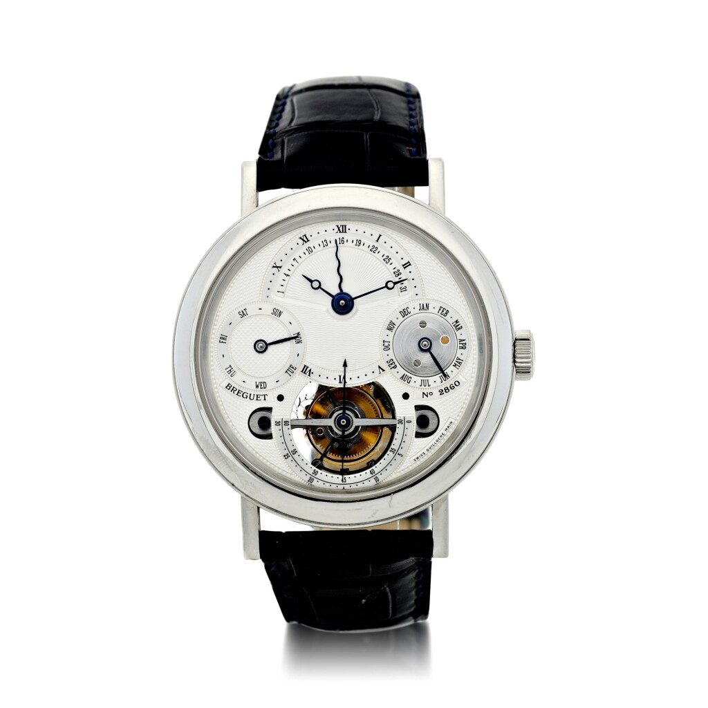 View full screen - View 1 of Lot 99. REFERENCE 3757 A PLATINUM PERPETUAL CALENDAR TOURBILLON WRISTWATCH WITH RETROGRADE DATE, CIRCA 2003.