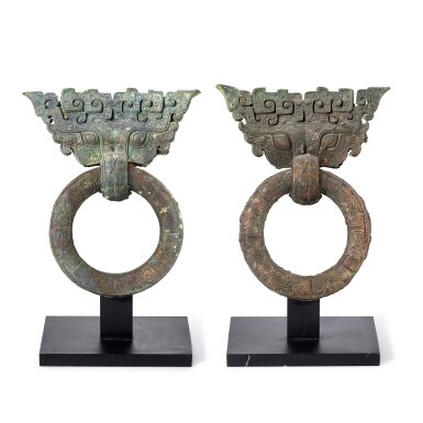 View full screen - View 1 of Lot 3012. A rare and large pair of bronze 'taotie' door knockers, Spring and Autumn period | 春秋 青銅饕餮大鋪首兩件.