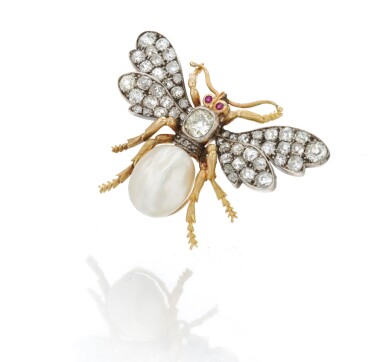 View full screen - View 1 of Lot 8. Natural pearl, diamond and ruby brooch (Spilla con perla naturale, diamanti e rubini), 1910s.