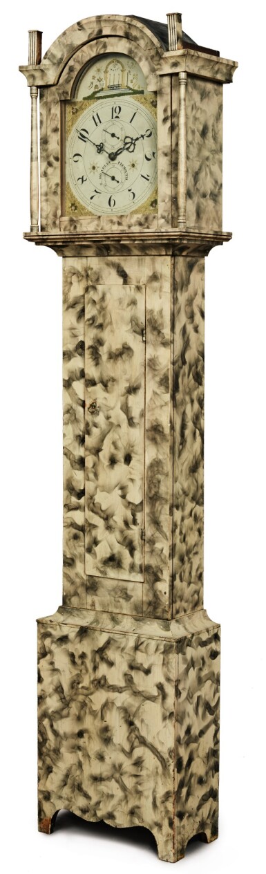 View full screen - View 1 of Lot 1436. EXCEPTIONAL FEDERAL PAINT AND SMOKE-DECORATED PINE TALL-CASE CLOCK, WORKS BY SILAS HOADLEY, PLYMOUTH, CONNECTICUT, CIRCA 1810-20.