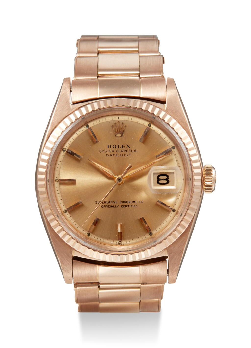 View full screen - View 1 of Lot 8051. ROLEX | DATEJUST, REFERENCE 1601, A PINK GOLD WRISTWATCH WITH DATE AND BRACELET, CIRCA 1960.