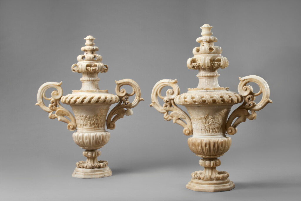 View full screen - View 1 of Lot 52. A pair of Italian carved alabaster double-handled vases and covers, Tuscany, 17th-18th century.