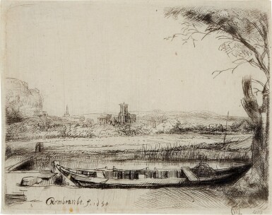 View full screen - View 1 of Lot 552. Canal with a large Boat and a Bridge ('Het Schuytje op de voorgrondt') (B., Holl. 236; New Holl. 252).