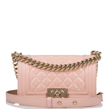 View full screen - View 1 of Lot 81. CHANEL | NUDE LIGHT PINK SMALL BOY BAG IN PATENT LEATHER WITH GOLD TONE HARDWARE.
