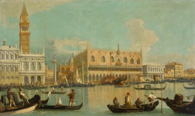 View full screen - View 1 of Lot 187. FOLLOWER OF GIOVANNI ANTONIO CANAL, CALLED CANALETTO | Venice, a view of the Bacino di San Marco with the Palazzo Ducale and the Piazzetta.