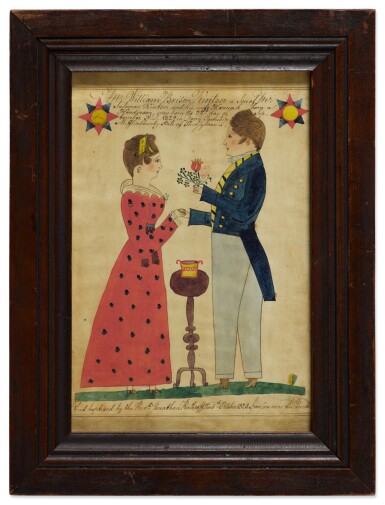 View full screen - View 1 of Lot 237. A Fraktur Birth and Baptismal Certificate of William Brison Kintzer, attributed to the Reverend Henry Young, Derry Township, Mifflin County, Pennsylvania, Dated 1828.