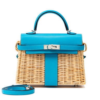 View full screen - View 1 of Lot 661. Limited Edition Bleu du Nord Swift and Osier Wicker Picnic Mini Kelly II 20 Palladium Hardware, 2019.