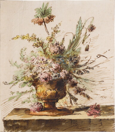 View full screen - View 1 of Lot 86. A vase of flowers on a stone ledge.