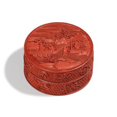 View full screen - View 1 of Lot 210. A carved cinnabar lacquer 'figural' box and cover, Qing dynasty, Qianlong period | 清乾隆 剔紅人物故事圖蓋盒.
