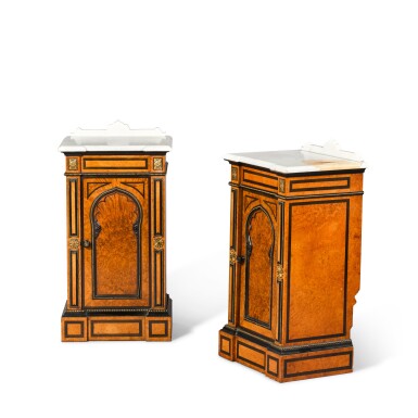 View full screen - View 1 of Lot 150. A pair of Anglo-Moresque thuya, ebony-strung and gilt-brass-mounted marble-topped bedside cupboards by Morant, Boyd & Blandford, circa 1875.