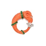A Coral, Emerald and Diamond 'Capricorn' Clip-Brooch