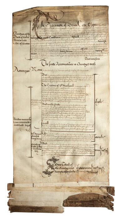 View full screen - View 1 of Lot 94. Mary, Queen of Scots--Brian Cave | Accounts for the supply of foodstuffs for the imprisoned queen, 1585.
